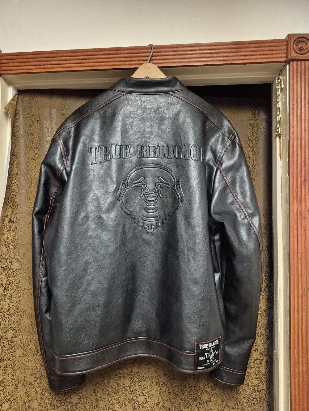 True Religion Black Leather Bomber Jacket with Red Stitching